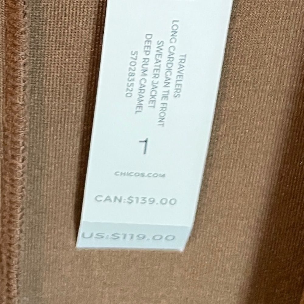 NWT Chico’s Travelers Women’s longline tie cardigan deep rum caramel SZ 8-10 - Picture 8 of 10
